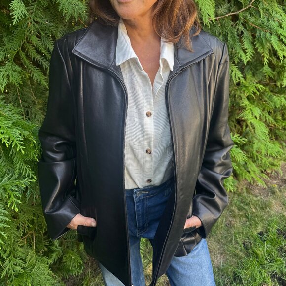 Jones  NY Buttery Soft Black Leather Ladies  meidum weight  Zip up jacket XL - Picture 1 of 6